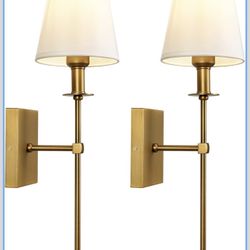 TERLEENART Modern Antique Brass Hardwired Wall Sconces Set of 2 Slim with White Fabric Shade,