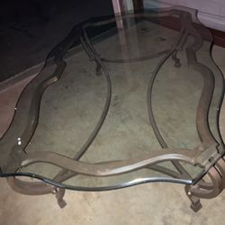 Large Glass Coffee Table With Metal Frame. 