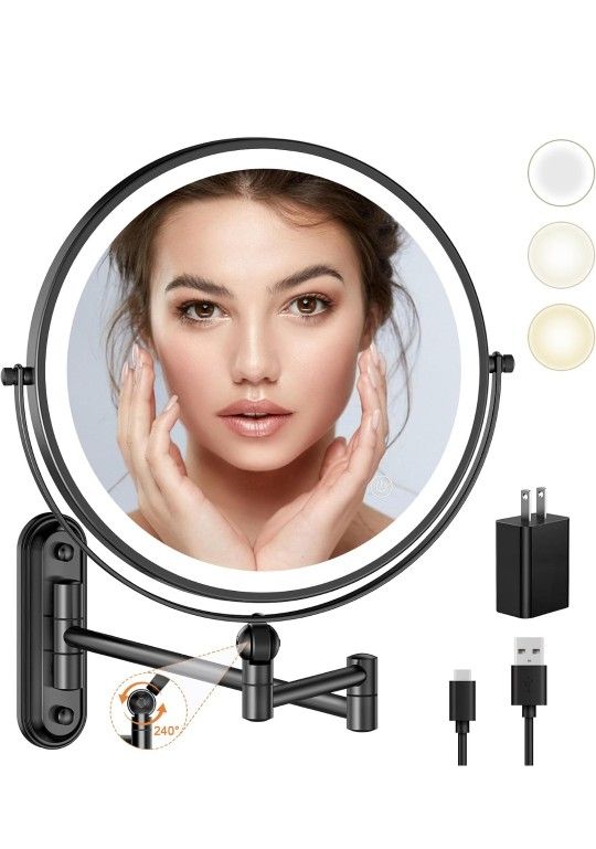 9" Wall Mounted Makeup Lighted Mirror, 4000mAh Rechargeable Double Sided LED Vanity Mirror with Height Adjustable&1X/10X Magnification, 3 Color Lights