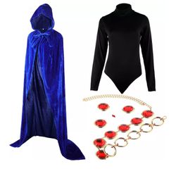 Women's Halloween Cosplay Costume Cape Long Sleeve Bodysuit Hooded Cloak w/ Gem XL