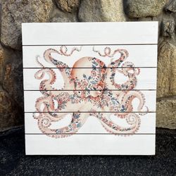 “Floral Octopus” painting print on white wood, 18” x 18”