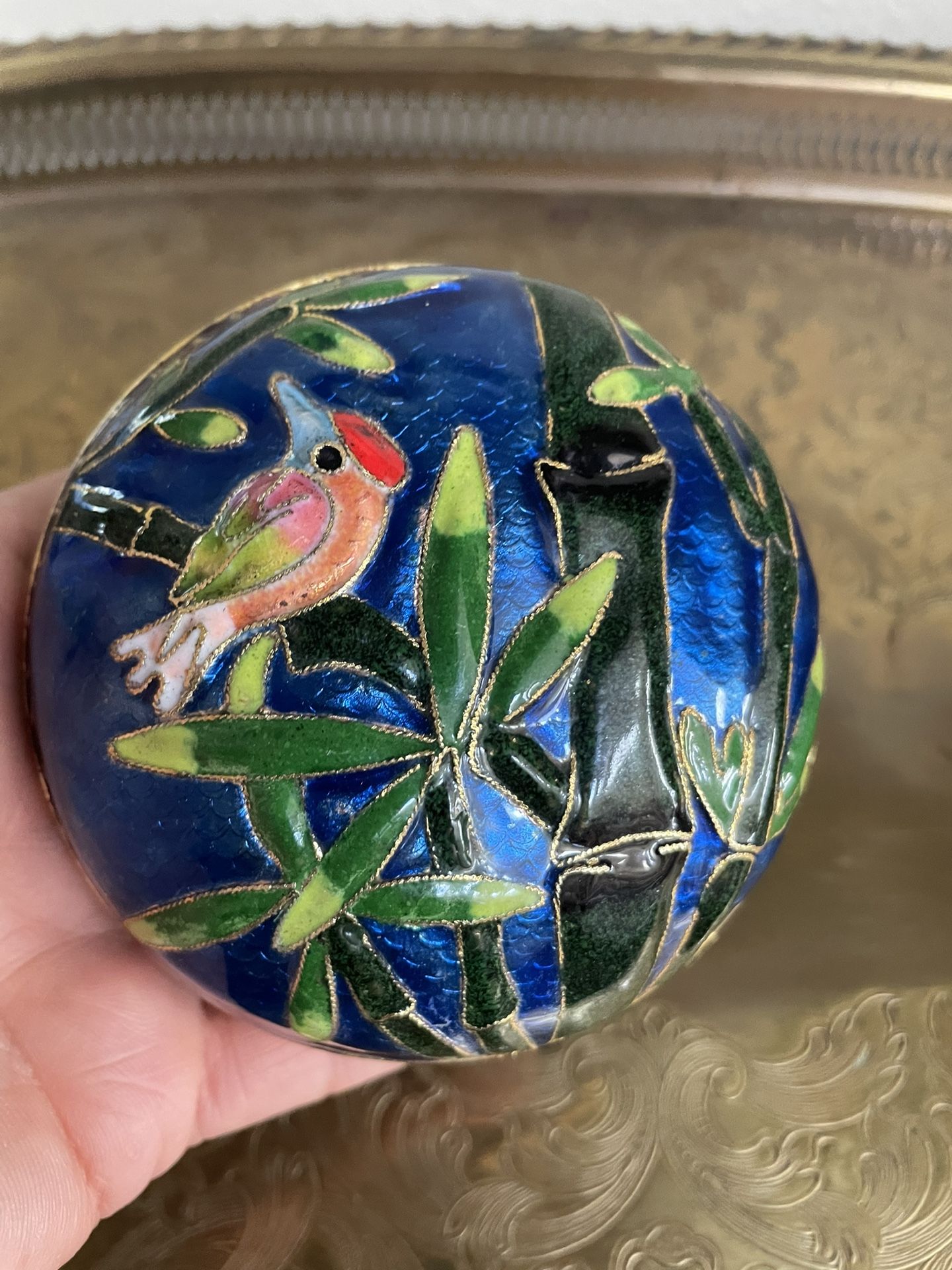 Cobalt Blue Cloisonné Bird & Bamboo Motif Chinese Jar  4”D