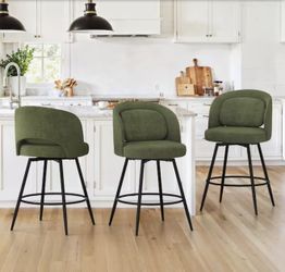 39 in. Green Chenille Swivel Bar Stool Upholstered Metal Frame Counter H8 Barstools with Round Footrest Set of 3