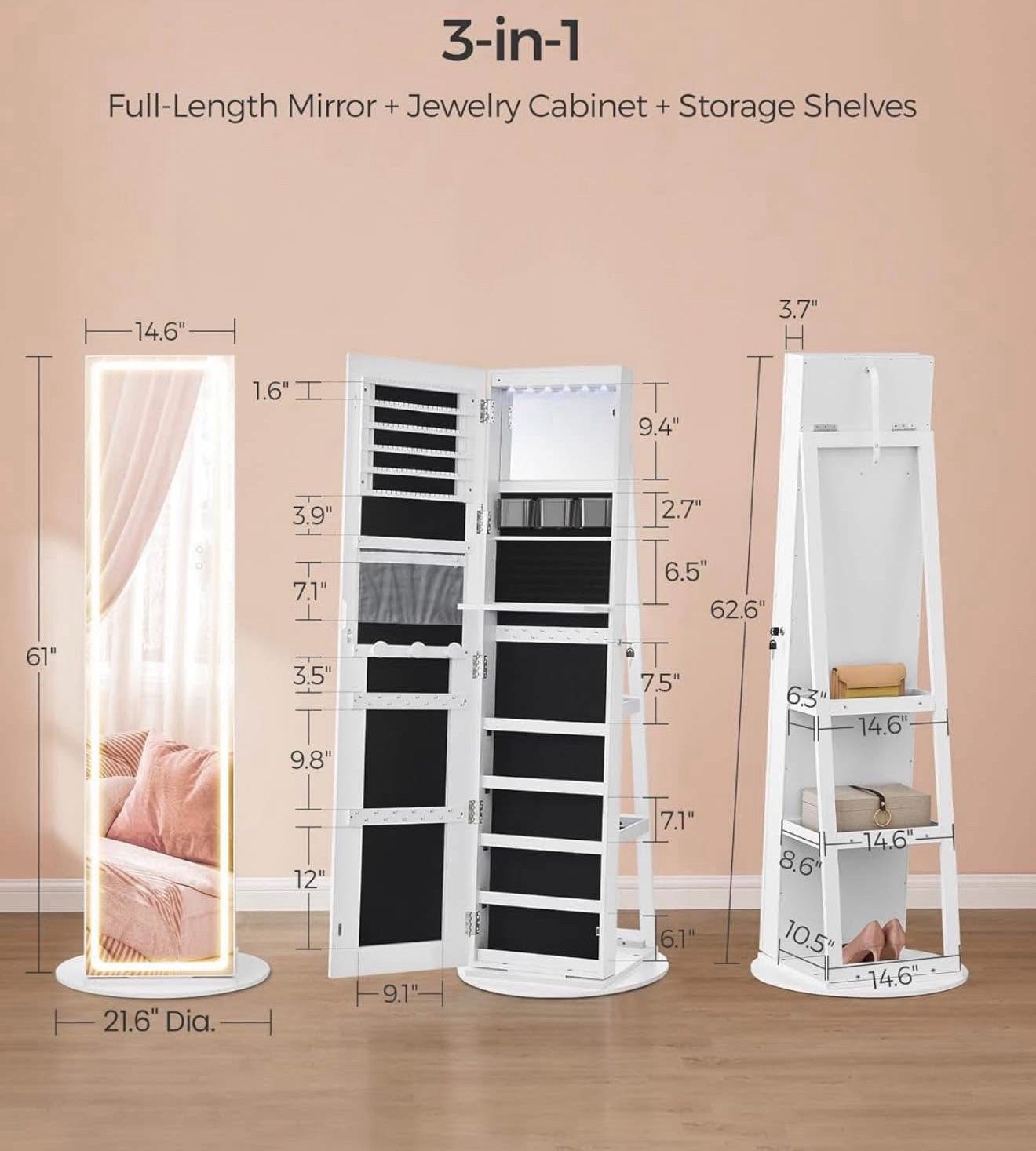 LED Jewelry Cabinet Standing, Lockable Armoire With Full-Length Mirror and Adjustable Lights, Space-Saving Organizer, Gift Idea, Cloud White UJJC008W0