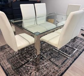 Modern Glass Dining Table Set with 6 White Chairs