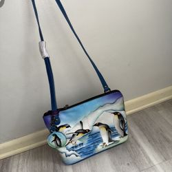 Anuschka Crossbody Purse- Brand New- Leather With Penguin Design 