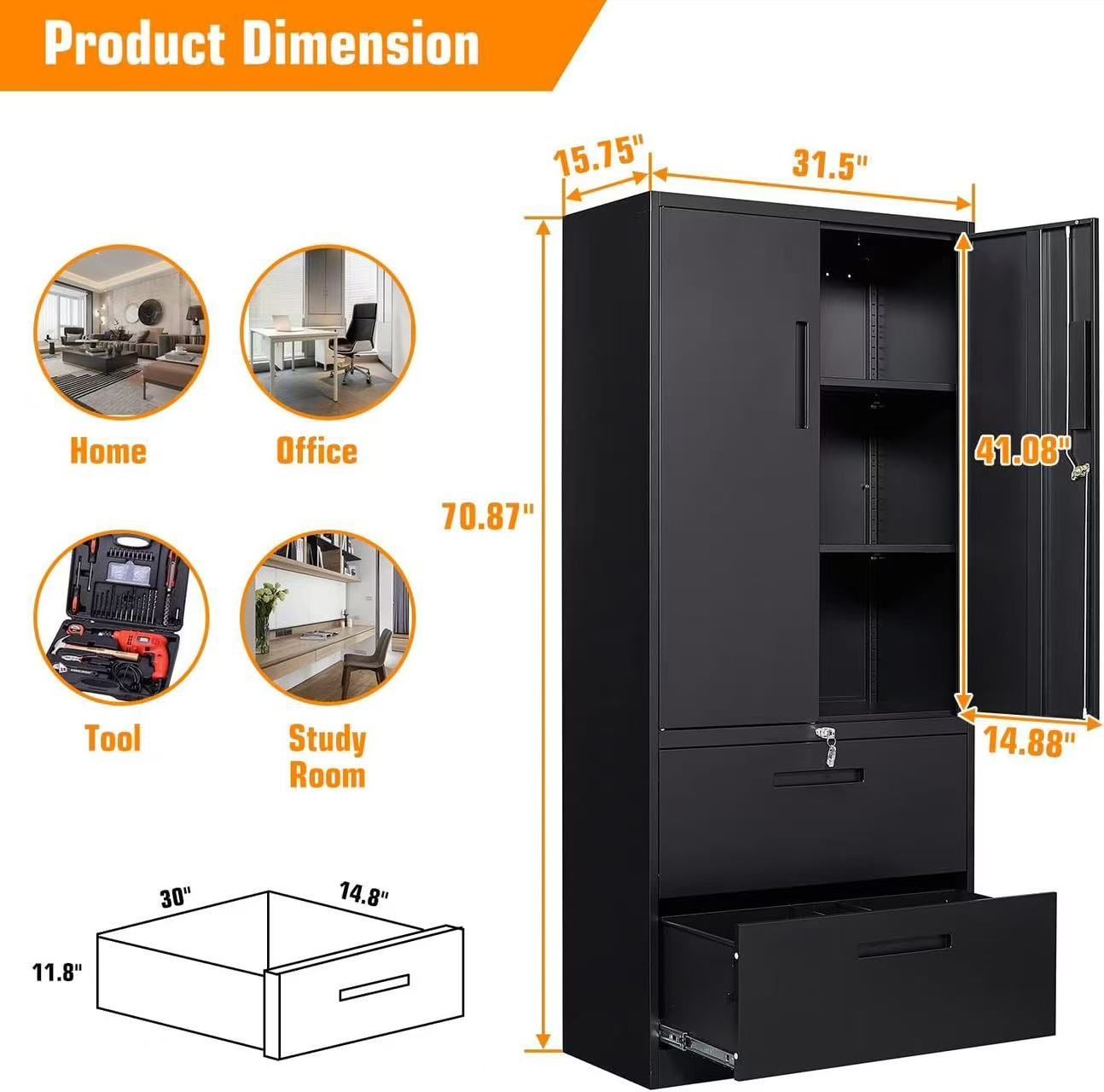 🥨File Cabinet 2 Drawer, Metal File Cabinet with Lock, Lateral Filing Cabinets with Doors & Adjustable Shelves for Home Office, Living Room, Pantry