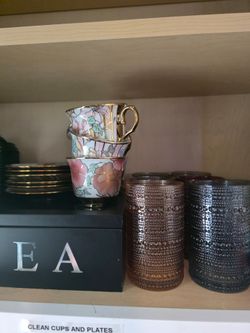 6 tea cups and plates set and 6 vintage glasses