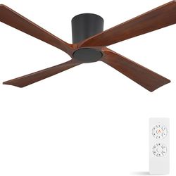 54 Inch Flush Mount DC Ceiling Fan Without Lights, 4 Carved Wood Blades, 6-Speed Reversible DC Motor, Low Profile Ceiling Fan No Lights for Indoor and