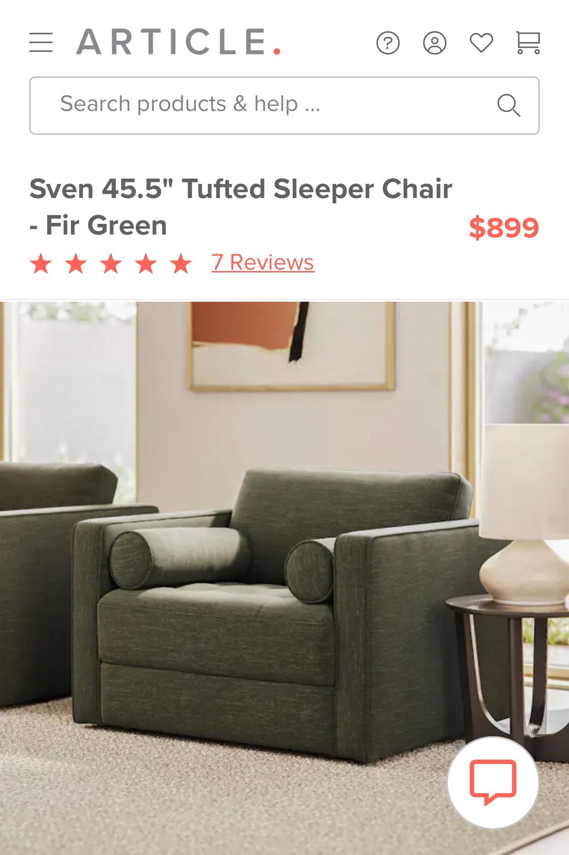 Article, Sven 45.5" Sleeper Chair-Fir Green NEW