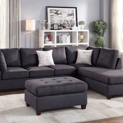 Brand New 114" x 85" Charcoal Microfiber Reversible Sectional + Ottoman