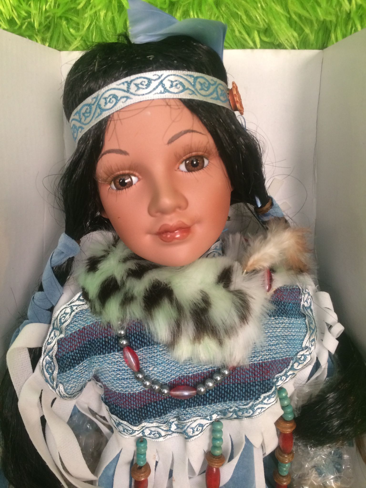 Native American Porcelain Doll – 16” in Papoose – 30+ Yrs Old – Original Clothing