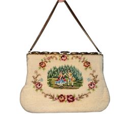 Needlepoint Mini Handbag Clutch Chic Femme 9" Gold Frame vintage handmade