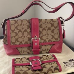 Coach Pink Trim Shoulder Bag with Matching Wallet