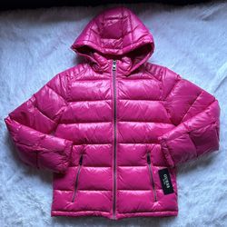 MSRP $225 New Guess Magenta Quilted Nylon Hooded Zip Puffer Coat Mens Size Small