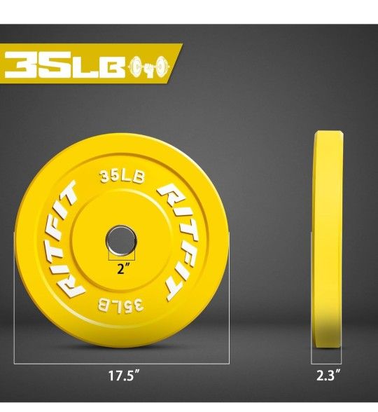 Set of 2.  35 Lb. RitFit Color Coded Olympic Bumper Plate for Barbell - 2-Inch Weight Plates With Steel Insert, Rubber Weights for Strength Training 