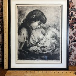 Vintage Pencil Signed By The Artist Mother & Child Tender Moment 