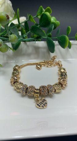 18K Gold Plated Crystal Rhinestone Star Love Heart Charm Bracelet, I love you