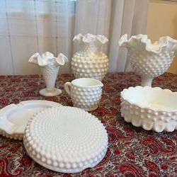 Vintage Fenton Hobnail Milk Glass Collection - 7 Pieces