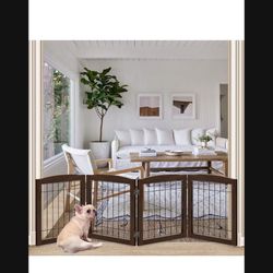 LZRS 4-Panel Extra-Wide Wooden Freestanding Dog Gate: Foldable Solid Wood and Steel Wire Chew Resistant Safety Barrier for Doorways, Stairs, and Large