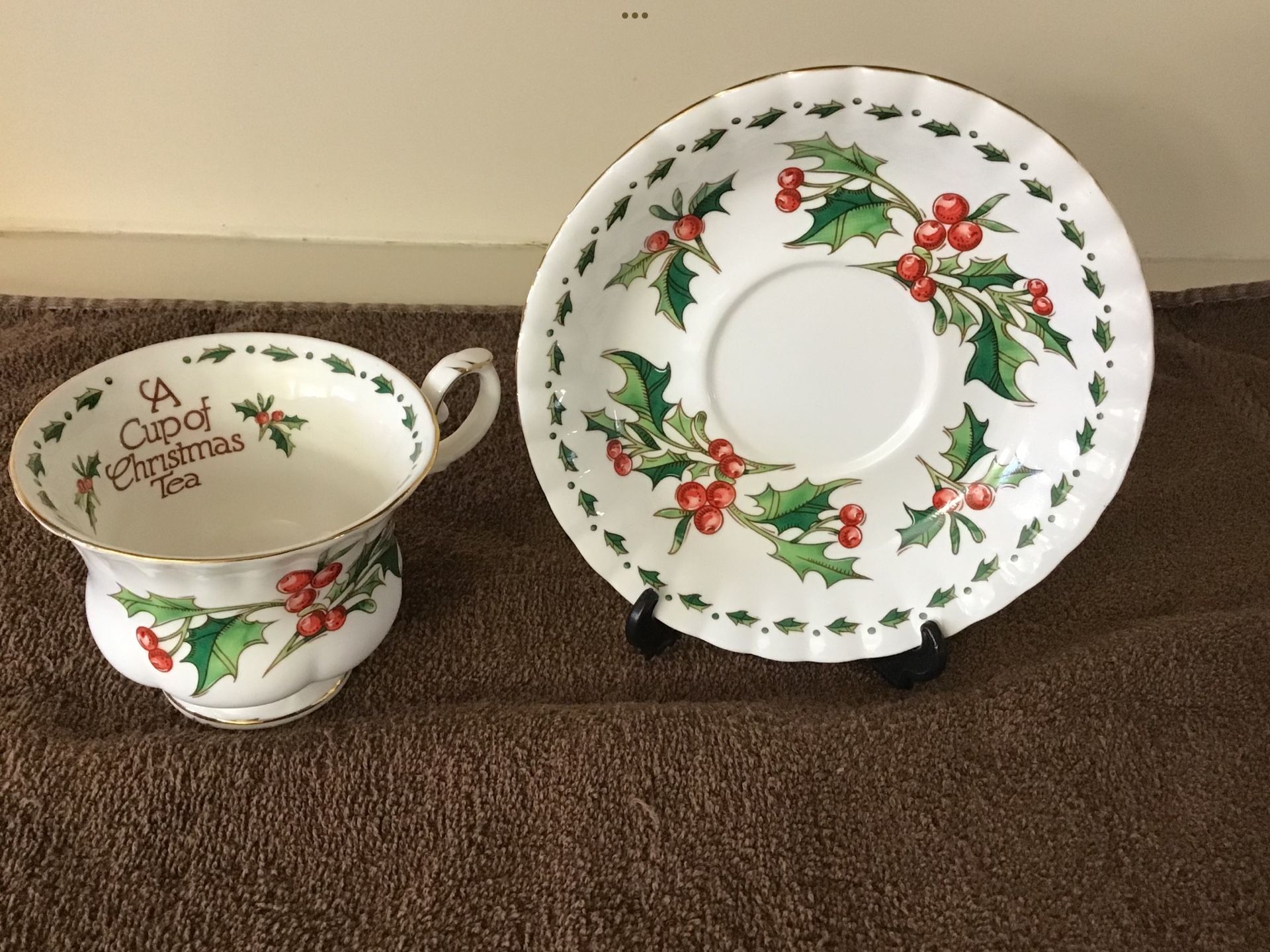 “A Cup Of Christmas Tea” (based  on the book) ) Saucer + Cup 1992 Bone China Holly Graphics 