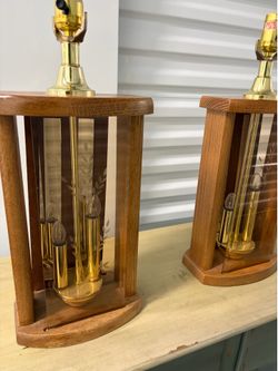 Pair of vintage wood and glass table lamps