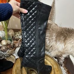 Black Leather Stilettos Knee Boots 