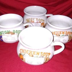 Set of 4 Vintage Soup Cups: Mushroom, Onion, & (2) Chicken Noodle Soup Cups