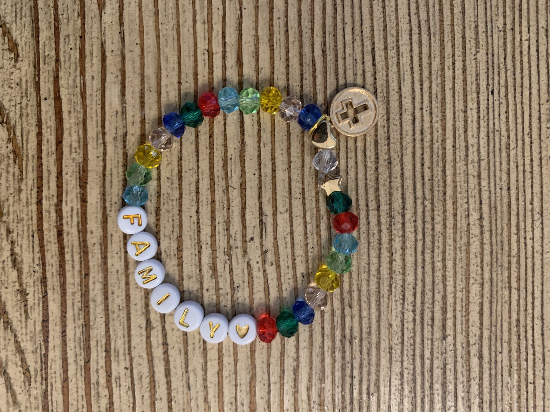Homemade Beaded Elastic Bracelet with Cross Charm : Family ❤️