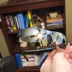 Navy blue grey semi-rimless silver reflective sunglasses