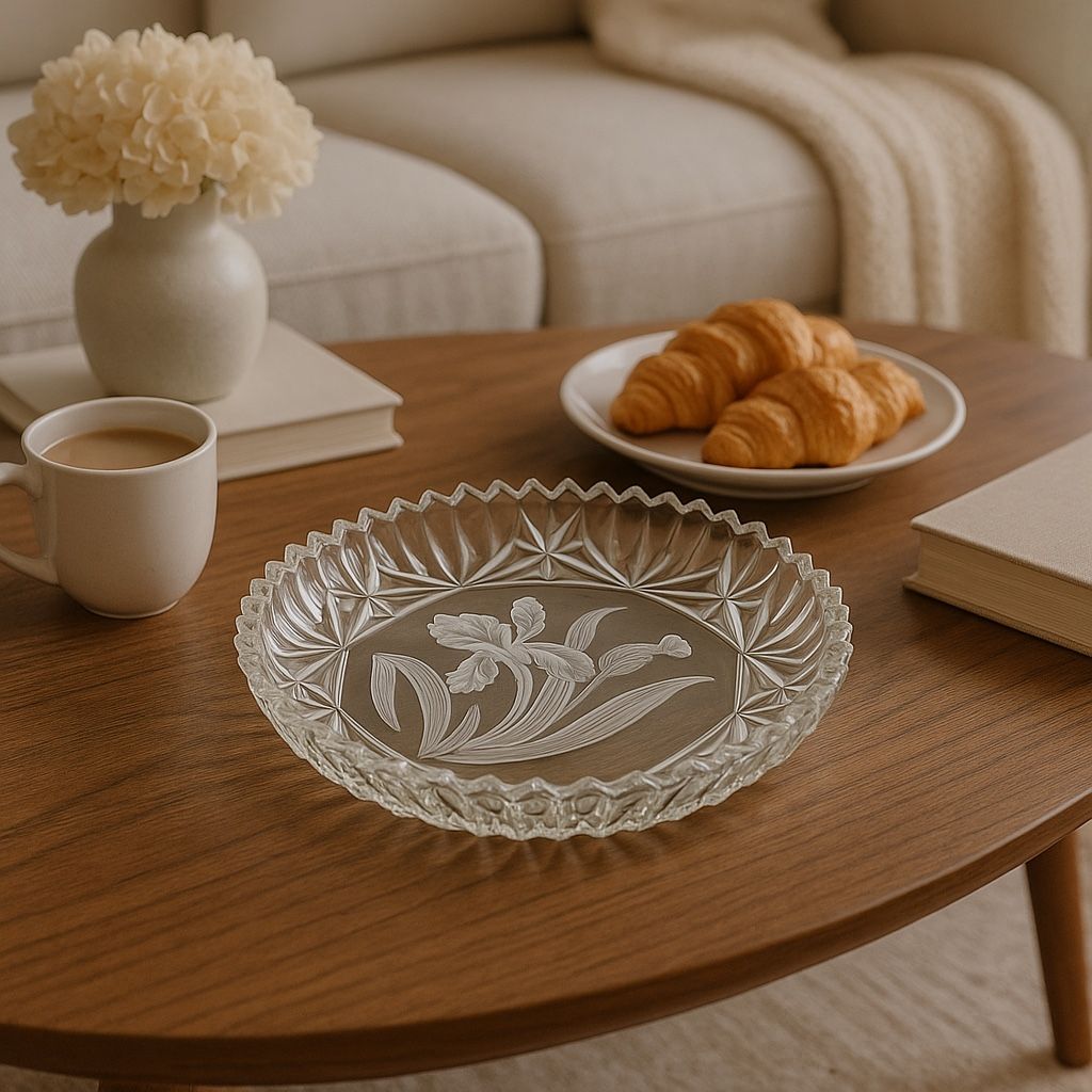 Bohemia Czech 1950s Pressed Glass Bowl Frosted Iris Design, 11x1.75”