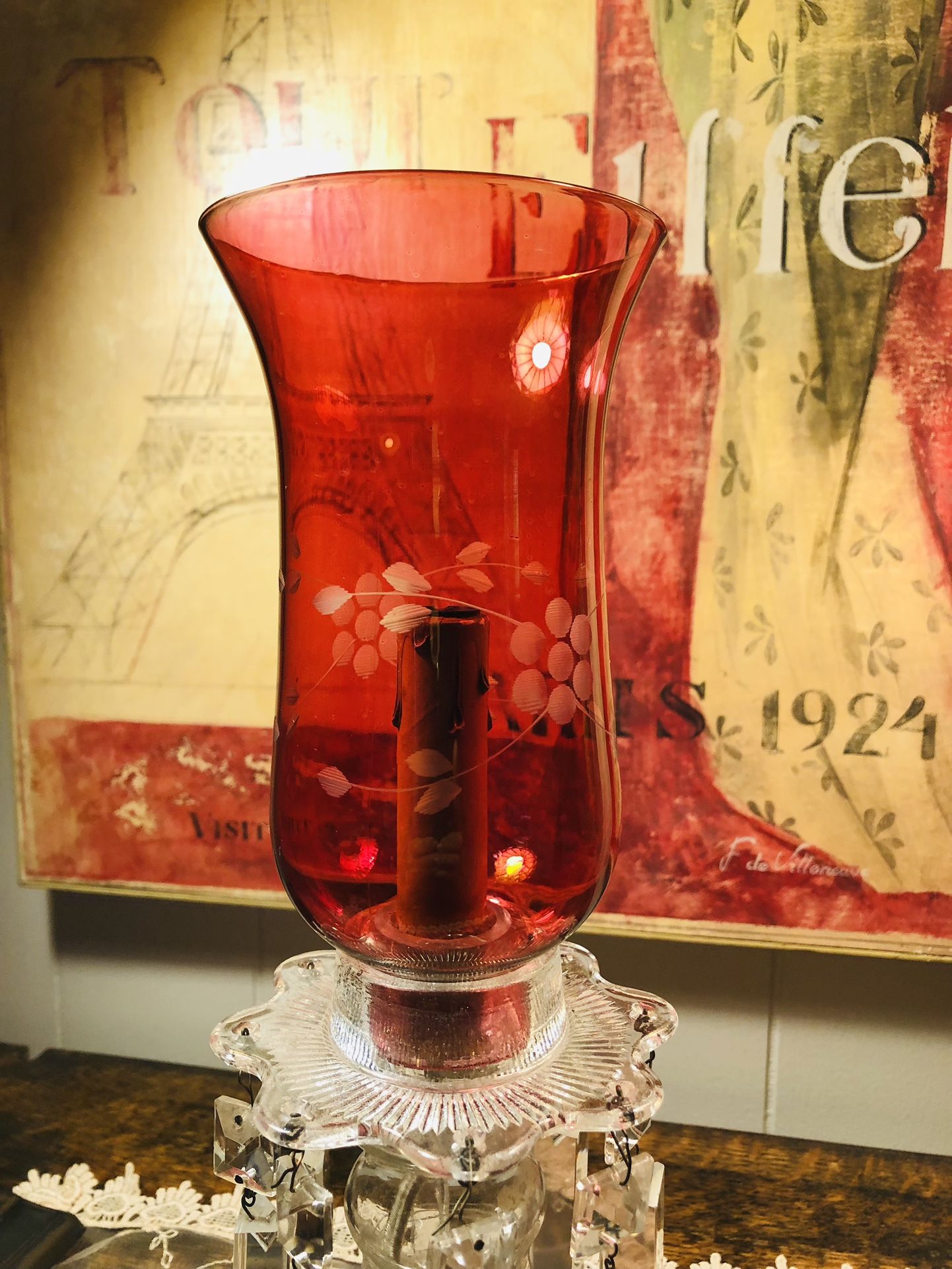Vintage Etched Cranberry Glass Lamp with Prisms