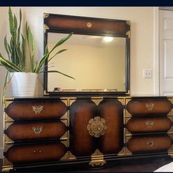 Chinoiserie Asian Inspired Tigerwood Brass Hollywood Regency Vintage  Dresser With Mirror