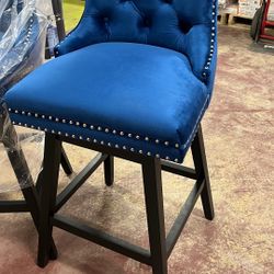 Boyel Living 38.4 in. H Blue Swivel Velvet Wood Bar Stool with Button Tufted Decoration and Wooden Legs, Set of 2