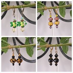 4 Pr Lampwork Glass Bead w/ Swarovski Crystals Leverback Dangle Pierced Earrings