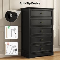 5 Drawer Dresser for Bedroom, Retro Wood Storage Cabinet with Antique Bronze Round Handles, Vintage Chest of Drawers with Solid Base for Living Room, 