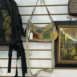 Coach F15586 Signature Stripe Multi Color Shoulder Bag in khaki jacquard canvas with a multicolor patent leather stripe