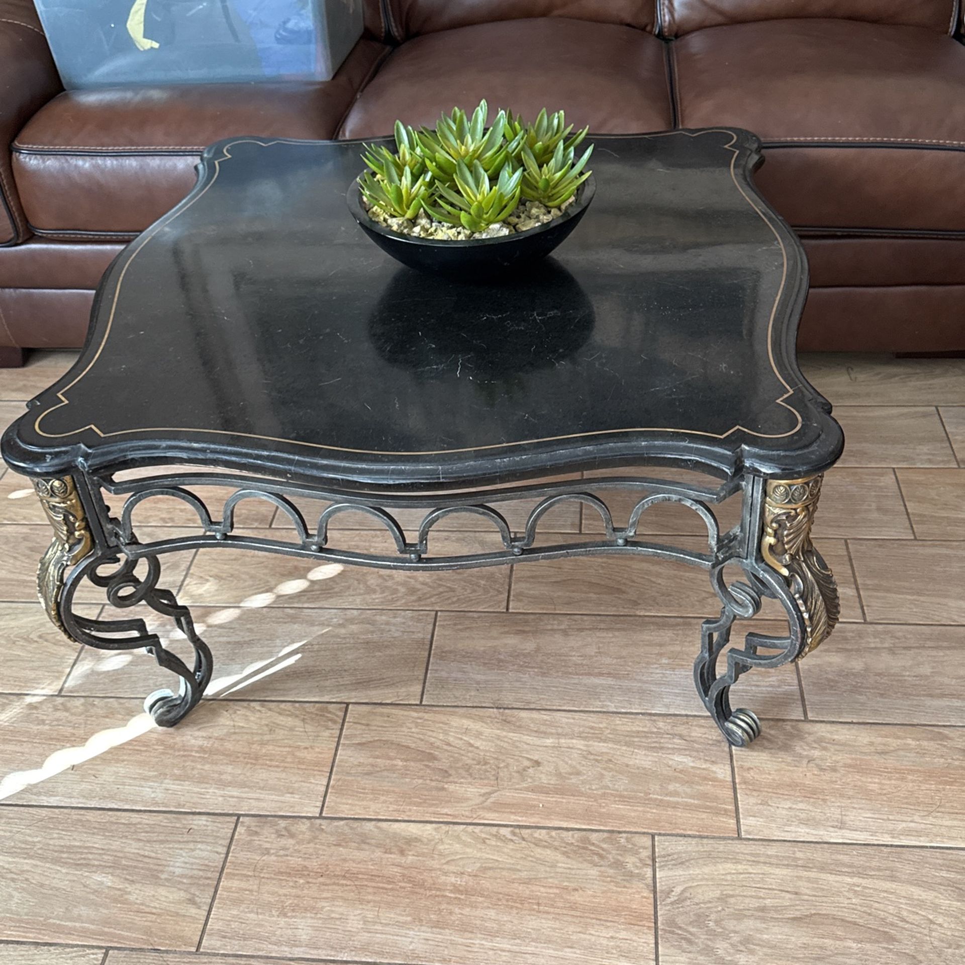 Vintage iron and granite, coffee table, and end table set