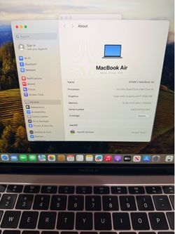 MacBook Air 2019 1.6 GHZ Dual core intel core i5 8gb of ram running macOS Sonoma