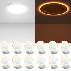 Amico 12 Pack 6 Inch 5CCT LED Recessed Ceiling Light Night Light, 2700K/3000K