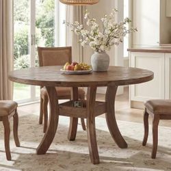 FJ0054 47" Solid Wood Round Dining Table for 4-6, Farmhouse Circle Kitchen Table