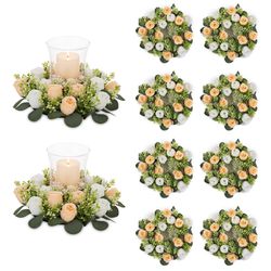 NUPTIO Flower Wedding Centerpieces For Tables: 10 Pcs 14 Inch Diam Large Champagne & White Artificial Flowers Fake Roses Candle Rings Wreaths Spring S