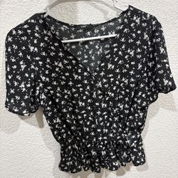 Black and White Floral Print Peplum Top