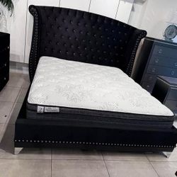 Wing back bed frame black king and queen size