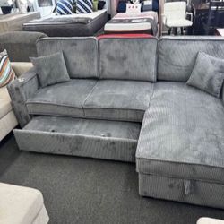 Super Comfortable Sectional Sofa Pull- Out Bed With Storage Dark Grey Corduroy 