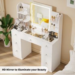 Vanity With LED Mirror And 7 Drawers And 6 Open Shelves