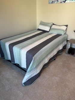 Queen Bed Complete Set: Mattress, Metal Frame & Bedding