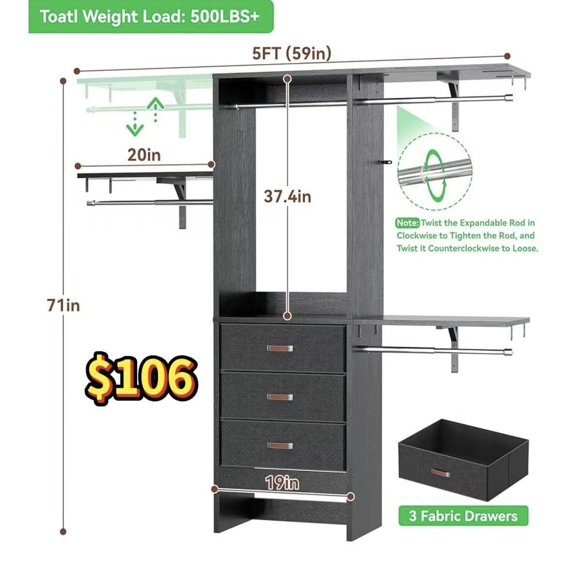 😀 5FT 59"Lx16"W x 71"H Small Closet System with 3 Fabric Drawers, 60 Inches Walk In Closet Organizer System With 3 Adjustable Shelves, Heavy Duty