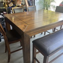 Wood Dining Table ,six Leather High Chairs And Leather Bench Seat