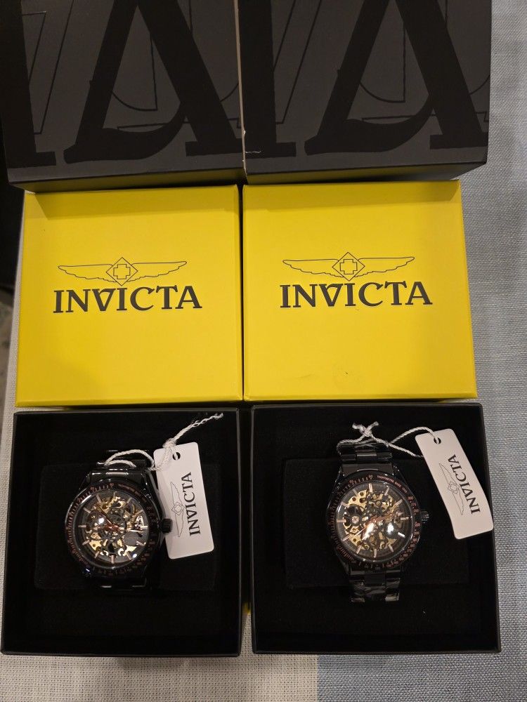 The Invicta 43mm Objet D Art Automatic Skeleton Dial Black Plated Watch